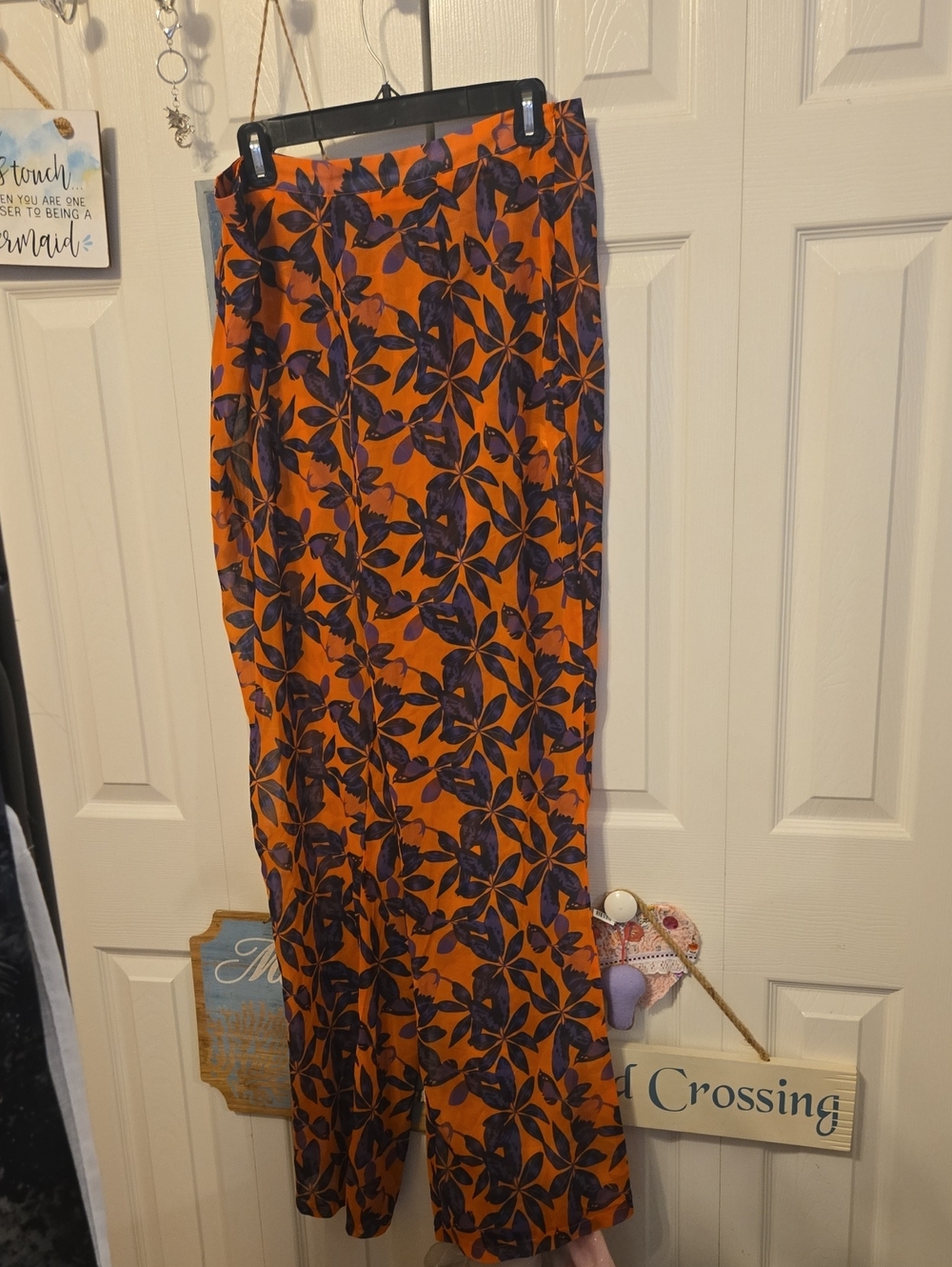 PrettyLittleThing Orange Wide Leg Pants with Purple Leaf Motif